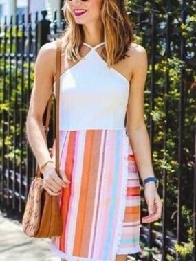 Anthropologie Hutch Kalyn Halter Dress. EUC White/Multicolor. PTP 14”,Length 31”